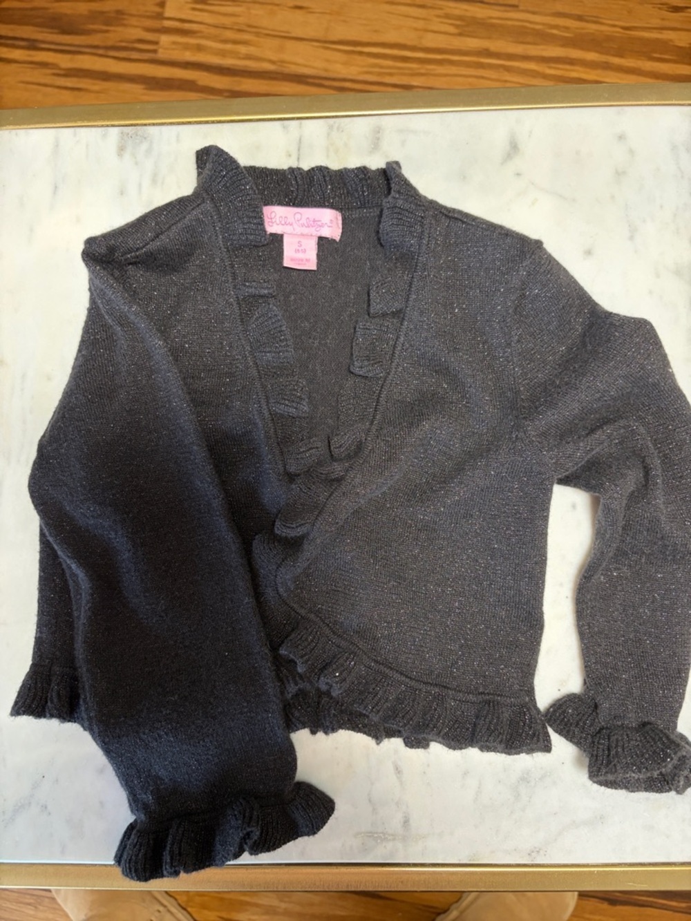 Lilly Pulitzer Black Shimmer Ruffle Cardigan Size S (4–5) Open Front Sweater - Picture 7 of 7